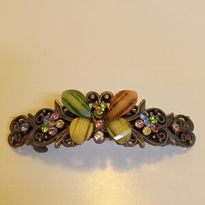 JEWELED RHINESTONE BUTTERFLY BRONZE HAIR BARRETTE Vintage